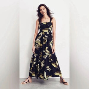 Witchery Black Palm Leaf Ruched Back Maxi Dress Size 8 Tiered Skirt